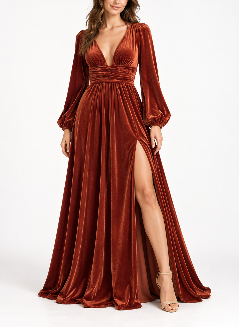 Azazie Brynn Terracotta Velvet Bridesmaid Maxi Dress Long Sleeve Slit A2